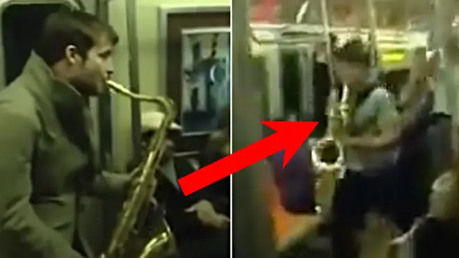 Saxophone battle spontaneously breaks out in New York subway, and commuters erupt with joy