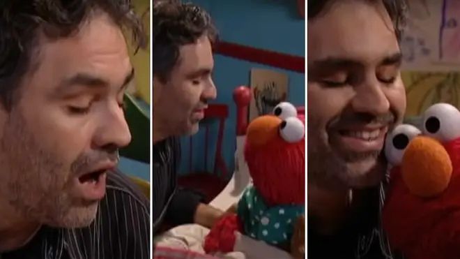 Star tenor Andrea Bocelli sings a lullaby to Elmo