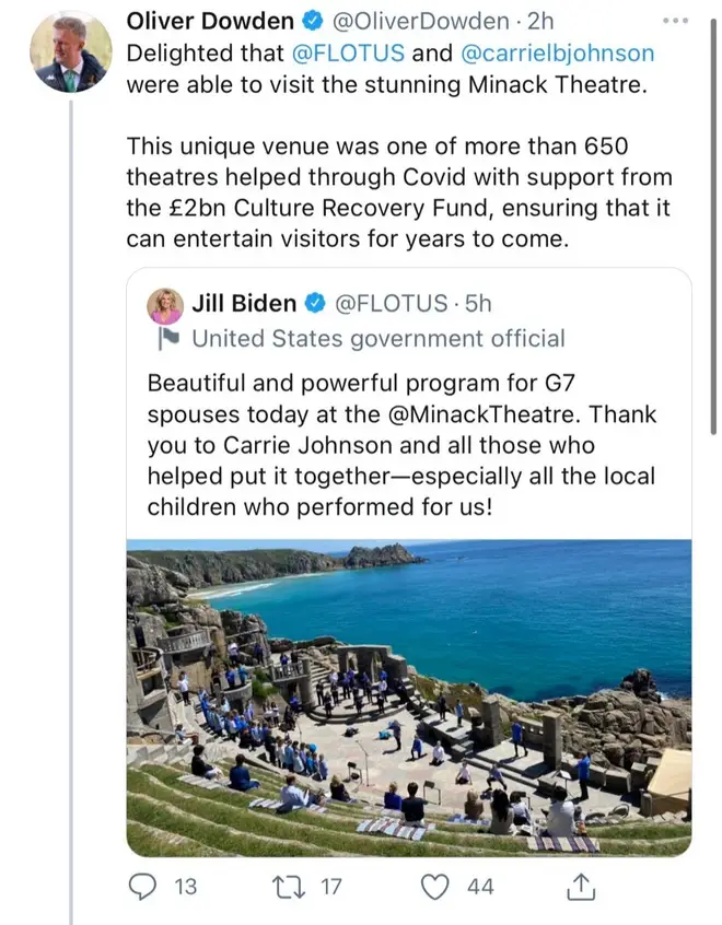 Now-deleted tweet by Oliver Dowden falsely claims Minack Theatre received Covid cash