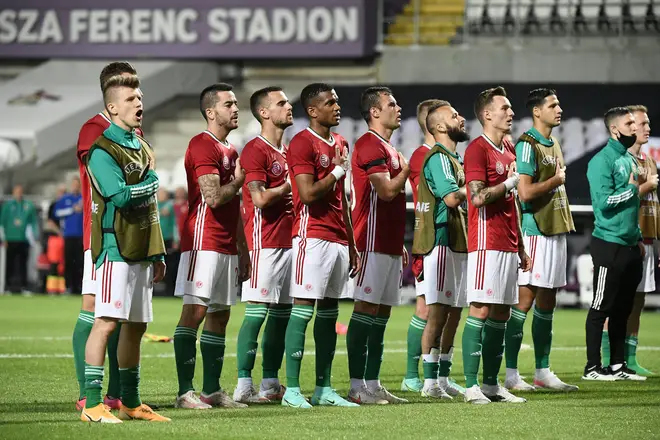 Hungary's players sing their national anthem during friendly in Budapest on 4 June 2021 in preparation for Euro 2020