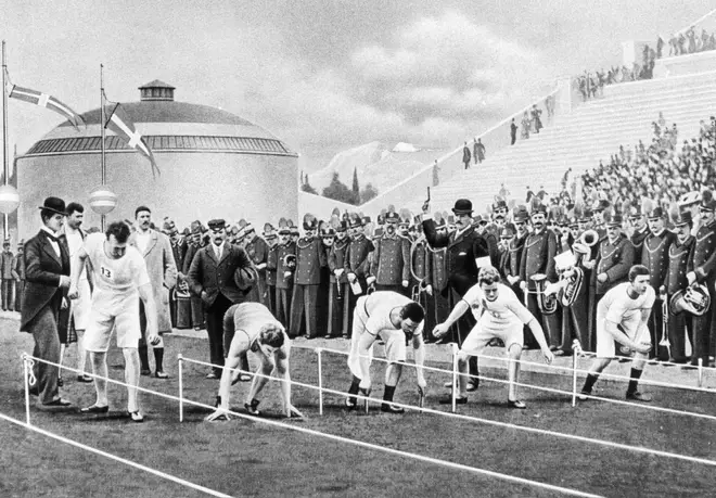 Drawing of the first modern Olympic Games in Athens: At the start of the 100 meters final run the runners take different positions
