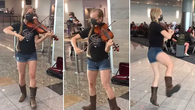 Violinist plays joyous bluegrass while tap-dancing for delayed airport crowd