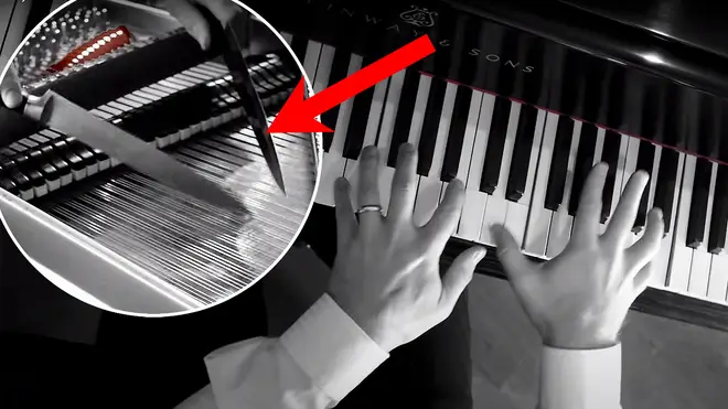 Pianist plays the ‘Psycho’ theme on a piano with actual knives