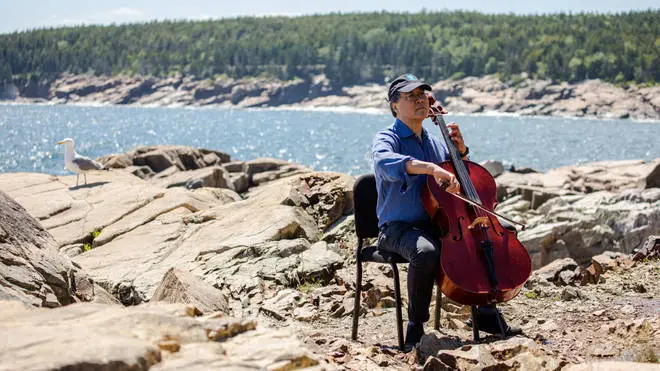 Yo-Yo Ma plays his cello at Acadia National Park in Maine, US