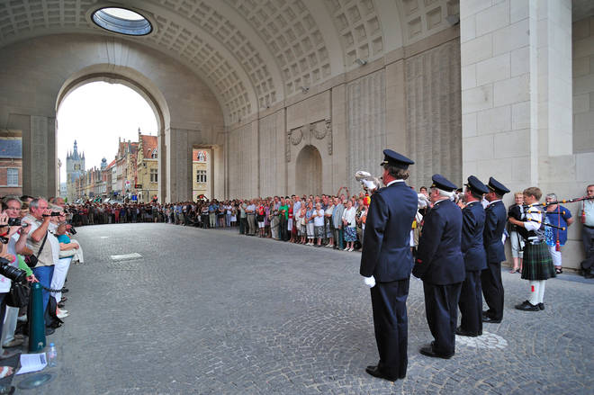 Buglers at WWI Last Post Ceremony under Menin Gate Memorial to commemorate British First World War One soldiers, Ypres, Belgium