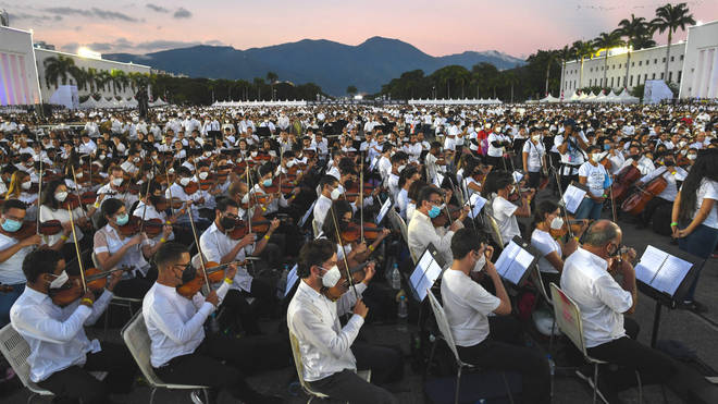12,000 musicians perform at the Military Academy of the Bolivarian Army in Fuerte Tiuna Military Complex, in Caracas