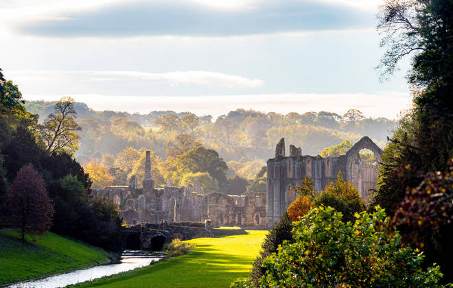 Ruins of Fountains Abbey at Studley Royal Water Garden, North Yorkshire, UK