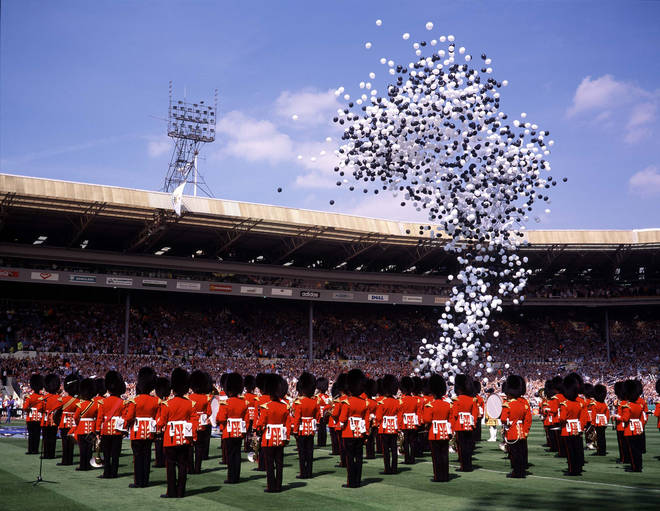 A marching band performs at the 1998 FA Cup Final Arsenal v Newcastle United