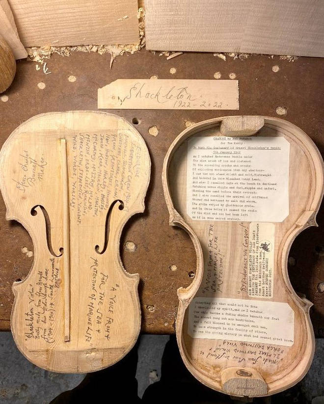 Inside the violin are inscribed all 28 names of the Endurance Antarctic expedition crew members
