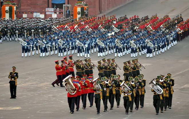 Bands of all the three Defence Services perform at the closing of the Republic Day Celebration