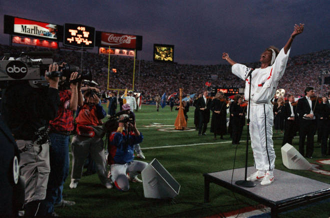 Whitney Houston sings the national anthem at Super Bowl XXV