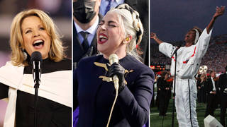 Renée Fleming, Lady Gaga and Whitney Houston perform the US national anthem