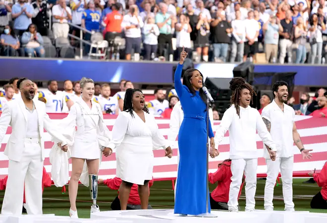 Mickey Guyton sings with backing choir at LA’s SoFi Stadium