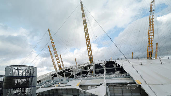 The roof of London's 02 Arena was torn off by high-speed winds
