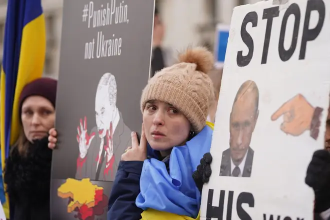 Ukrainians hold a protest against the Russian invasion of Ukraine outside Downing Street, central London