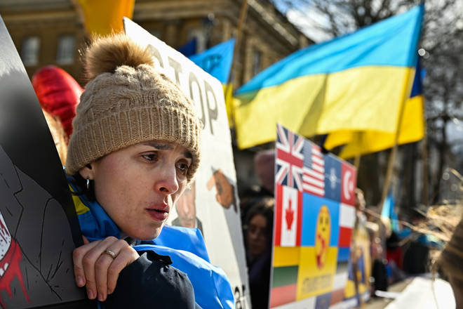 Ukrainian demonstrators protests outside Downing Street against the invasion of Ukraine