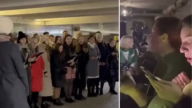 Footage of Ukrainians singing together in shelters amid Russian raids