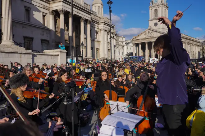 Hundreds of classical musicians play together for peace in Ukraine at Trafalgar Square on 6 March in London