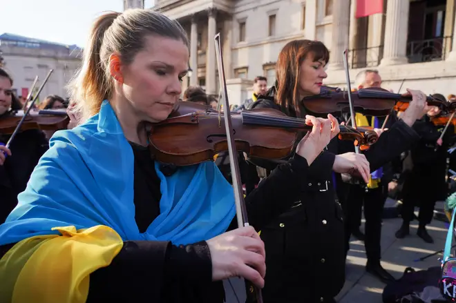 The orchestra played the Ukrainian national anthem and other classical pieces to a very moved audience, conducted by Petr Limonov