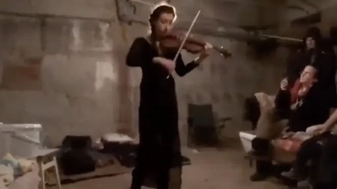Violinist plays in a Ukraine bunker