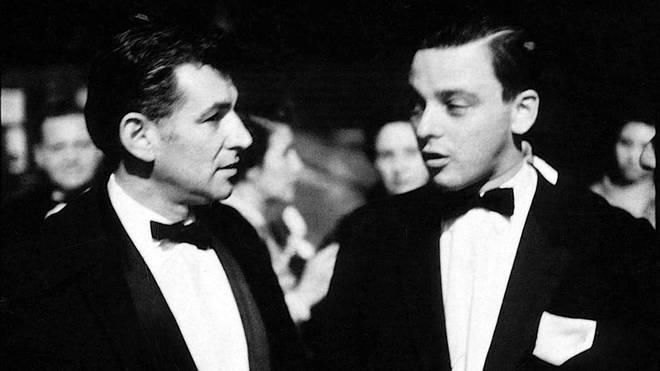 Leonard Bernstein and Stephen Sondheim at the opening night of West Side Story on Broadway in 1957
