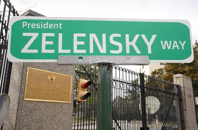 A makeshift sign renaming the road outside Washington's Russian embassy 'President Zelensky Way'