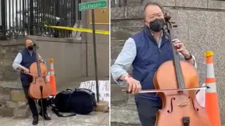Yo-Yo Ma plays cello outside Washington's Russian embassy in peaceful protest.