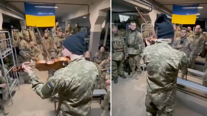 Ukrainian soldier plays violin solo to his military colleagues