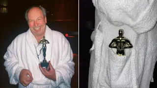 The German-born composer celebrated his Oscars win in a hotel bathrobe