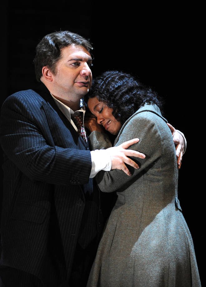 Nikoloz Lagvilava as Rigoletto and Vuvu Mpofu as Gilda, at Glyndebourne Opera House.