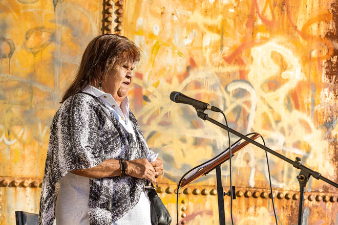 Aunty Elaine Ohlsen speaks during the official opening of the Cobar Sound Chapel