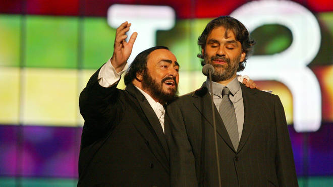 Luciano Pavarotti perfoms with Andrea Bocelli at the 'Pavarotti & Friends' 2003 concert in Modena