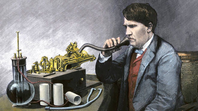 Thomas Edison speaking through his perfected phonograph in the 1870s