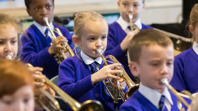 A group trumpet lesson at a primary school