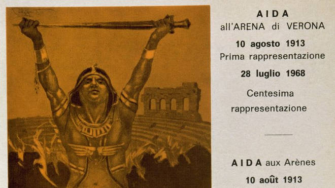 Opera poster of Aida at the Verona Arena, edited in 1913 and reproduced to commemorate 100 performances in 1968