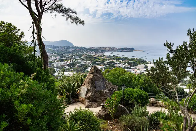 The picturesque view from La Mortella Gardens on Ischia where the Waltons lived, overlooking William’s Rock where the composer‘s ashes are interred.