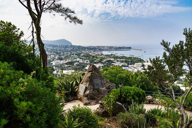 The picturesque view from La Mortella Gardens over Ischia where the Waltons lived, overlooking William's Rock where the composer's ashes are buried.