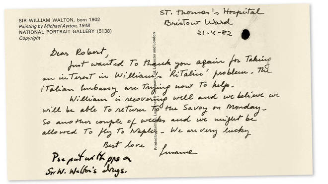 Lady Susana Walton wrote to Sir Robert Armstrong, thanking him for his help in sourcing her husband’s prescription.