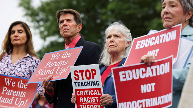Opponents of the academic doctrine known as Critical Race Theory protest outside of the Loudoun County School Board headquarters, in Ashburn, Virginia, U.S. June 22, 2021.
