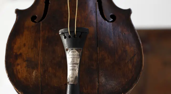 An inscription on the tailpiece of the violin, which helped to identify it as the instrument Maria Robinson gifted to her new fiancé Wallace Hartley as an engagement present, before he set sail on RMS Titanic.