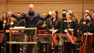 The Philadelphia Orchestra, and conductor Yannick Nézet-Séguin, performing at Carnegie Hall last year, mostly without masks