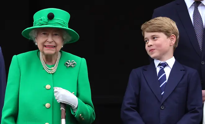 Queen Elizabeth II and Prince George of Cambridge on the balcony of Buckingham Palace during the Platinum Jubilee Pageant on June 05, 2022 in London, England