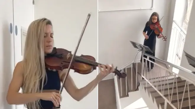 Kirsty Mangan (violin) and Lucy Morgan (viola) are part of a string quartet who performed ‘The Lord Is My Shepherd’ in a stairwell