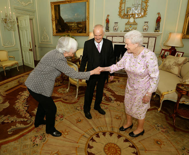 Former Master of Queens Music Sir Peter Maxwell Davies and current Master of Music Judith Weir meet Her Majesty Queen Elizabeth II.