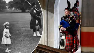 Pipe Major Paul Burns of the Royal Regiment of Scotland plays the State Funeral of Queen Elizabeth II at Westminster Abbey,