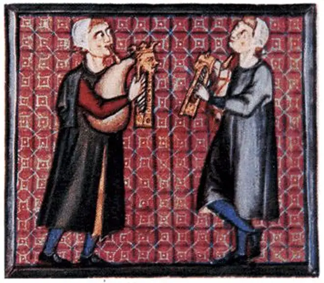 An illustration from the Cantigas de Santa Maria shows two musicians with their bagpipes.