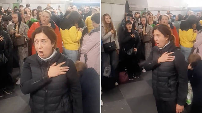 An opera singer leads a rousing rendition of Ukraine’s national anthem as civilians shelter in an underground station in Kyiv.