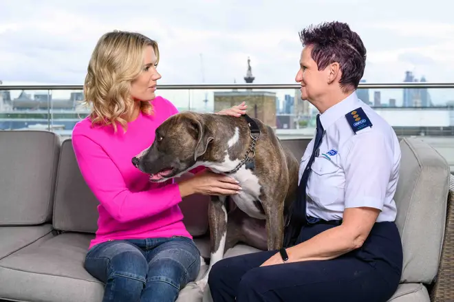 Charlotte Hawkins with Frank the dog and hiw owner, RSPCA Chief Inspector Clare Dew