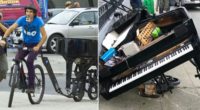 Bicycling pianist crashes in San Francisco – and destroys his beloved baby grand