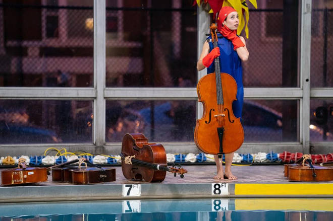 Cellos in a swimming pool